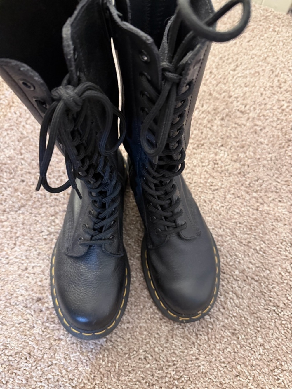 Dr. Martens Black Lace-Up Combat Boots with Yellow Stitching